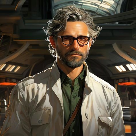 Sci Fi Scientist Character Design, Cyberpunk Scientist Male, Sci Fi Scientist Concept Art, Male Scientist Aesthetic, Male Professor Character Design, Male Scientist Art, Old Scientist Character Design, Cyberpunk Scientist Character Design, Fantasy Scientist Art