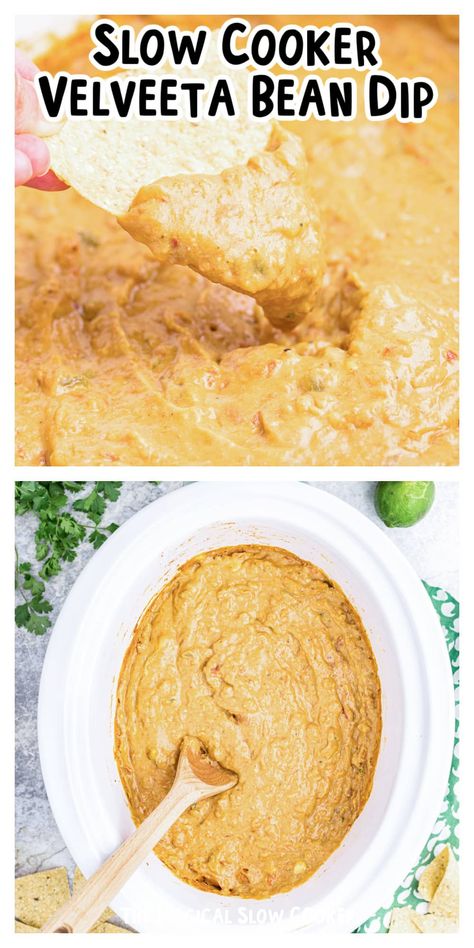 If you've been looking for a way to make a tasty cheese dip but minus the sausage and beef, this Slow Cooker Velveeta Bean Dip is the perfect recipe to try. Refried beans are mixed with melted Velveeta cheese and combined with the flavors of taco seasoning, fire-roasted green chiles, and salsa. This delicious bean dip is sure to be enjoyed by all! Velvetta Cheese Dip, Queso Dip Crockpot, Slow Cooker Dip Recipes, Crockpot Refried Beans, Bean Cheese Dip, Recipes With Velveeta Cheese, Cheese Dip Crock Pot, Crock Pot Queso, Slow Cooker Dips