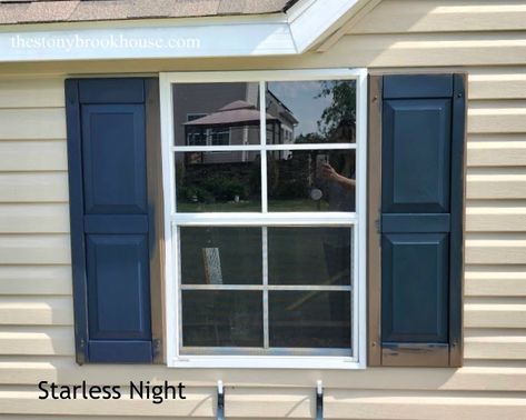 Shutter paint samples Tan House Navy Shutters, Navy Blue Shutters Tan House, Dark Blue Shutters Tan House, Exterior House Shutters Ideas, Painting Vinyl Shutters, House Shutters Ideas, Teal Shutters, Navy Shutters, Exterior Shutter Colors