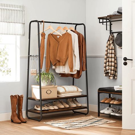 AmazonSmile: VASAGLE Clothes Rack, Clothing Rack for Hanging Clothes, Garment Rack with 2 Shelves, 6 S-Shaped Hooks, Steel Frame, for Bedroom, Rustic Brown and Black URGR112B01 : Home & Kitchen Clothes Rail With Shelves, Industrial Clothes Rail, Industrial Clothing Rack, Clothing Rack Bedroom, Heavy Duty Clothes Rack, Hanger Stand, Clothes Stand, Clothes Rail, Hanging Clothes