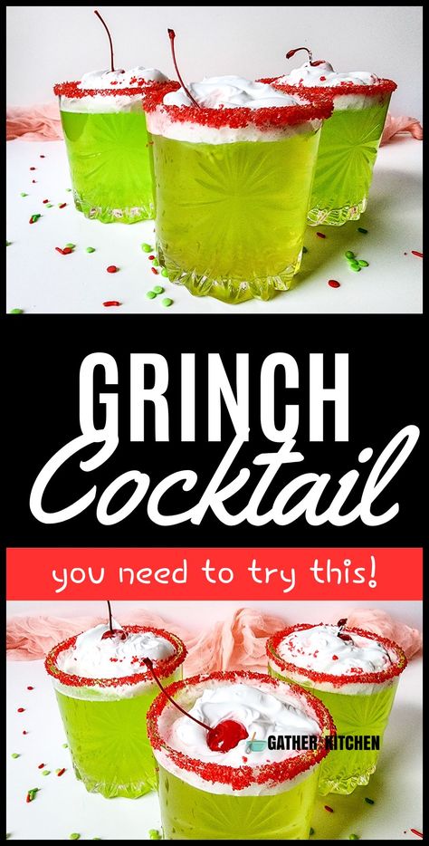 Delight your guests with this easy Grinch cocktail at your holiday parties. This vibrant green drink combines vodka, lime juice, and green punch for a refreshing and fun Christmas beverage. Perfect for Christmas gatherings, this Grinch cocktail is sure to impress your guests with its festive look and delicious flavor. Top with whipped cream and cherries for a Grinchy holiday touch. Enjoy this simple recipe for a fun and festive Christmas drink. Grinch Cocktail, Fun Holiday Drinks, Grinch Drink, Grinch Punch, Christmas Cocktails Easy, Xmas Drinks, Christmas Drinks Recipes, Green Punch, Christmas Drinks Alcohol