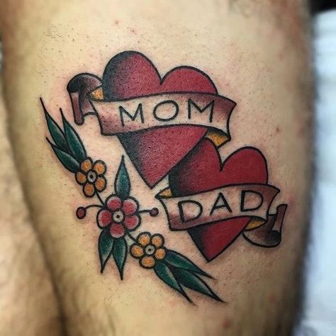 Honor Your Parents, Mom And Dad Tattoo, Heart Tattoo Shoulder, Tyger Tyger, Heart Tattoos With Names, Traditional Heart Tattoos, Mom Heart Tattoo, Tribute Tattoos, Father Tattoos