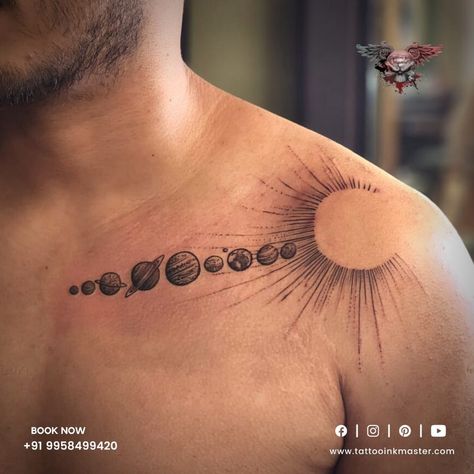 Solar System Tattoo Men, Sun And Earth Tattoo, Eclipse Tattoo Ideas, Sun Tattoo For Men, Realistic Sun Tattoo, Sun Tattoo Men, Solar Tattoo, Solar Eclipse Tattoo, Satellite Tattoo