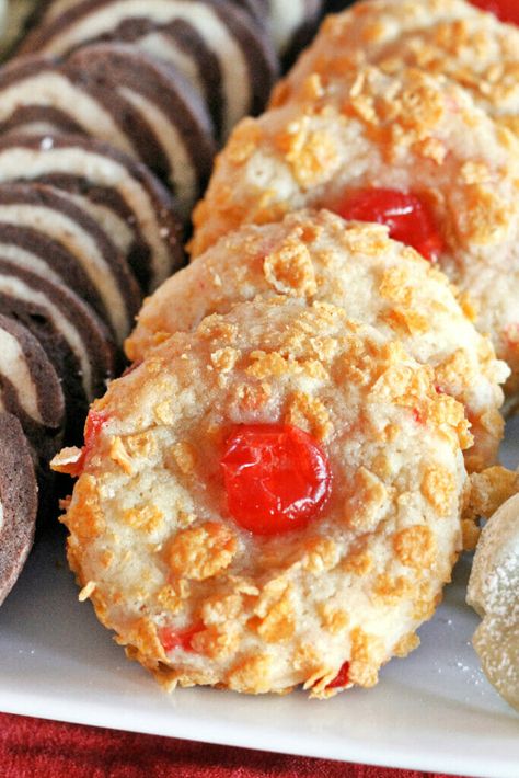 Pillsbury's Old Fashioned Cornflake Cherry Winks - Jam Hands Cherry Winks Cookies Holidays, Cherry Winks Cookies, Cherry Winks Cookie Recipe, Cherry Winks, Snowball Cookie, Christmas Snowball, Cornflake Cookies, Snowball Cookie Recipe, Chewy Molasses Cookies