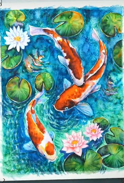 Painting Coy Fish, Koi Fish Watercolor Paintings, Koy Fish Paintings, Coi Fish Paintings, Koi Fish Painting Watercolors, Koi Fish Pond Drawing, Coy Fish Art, Koi Pond Painting, Koi Pond Art