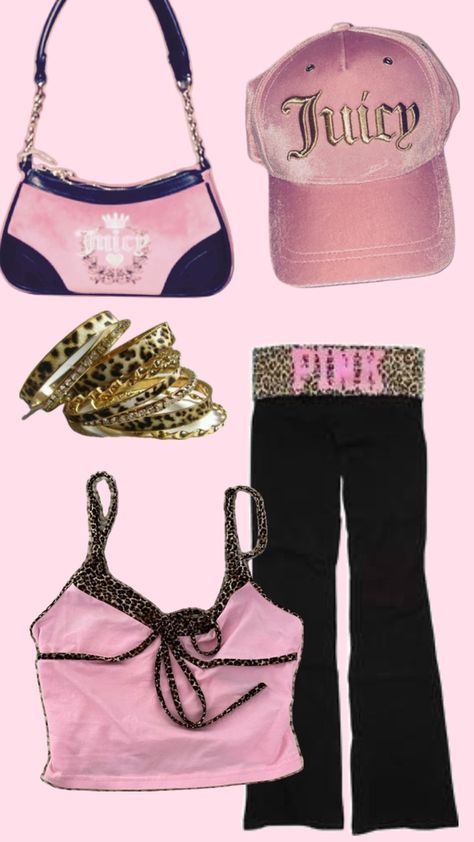 pink and leopard print VS PINK fold over flares paired with golden bangles 💕 juicy couture purse 👛 Cheetah Clothes, Cheetah Print Outfits, Spirit Week Outfits, Mcbling Fashion, Trashy Outfits, 2000s Mcbling, Leopard Print Outfits, 2000s Outfits, 2000s Fashion Outfits