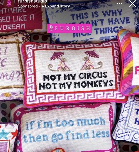 Post Grad Apartment, Diy Home Products, Hook Pillow, Statement Pillow, Furbish Studio, Hooked Pillow, Desk Gifts, Not My Circus, Needlepoint Pillow