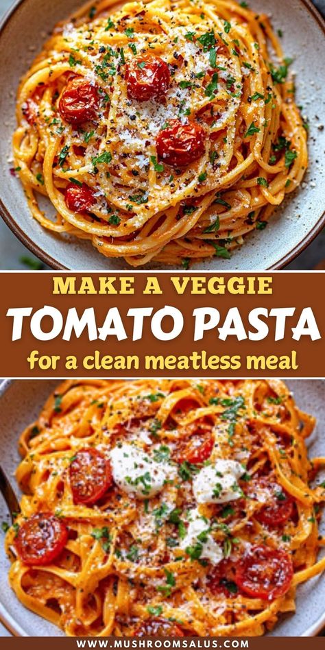 This creamy tomato pasta is the ultimate veggie-packed comfort meal! Made with roasted cherry tomatoes, flavorful herbs, and a luscious sauce, it's a perfect meatless dinner that’s easy, healthy, and satisfying. Whether you're vegan or just love plant-based meals, this dish is a must-try. Save this recipe and treat yourself to a delicious, restaurant-worthy pasta night! Veggie Recipes For Breakfast, Veggie Recipes Breakfast, Morning Snacks, Snacks High Protein, Healthy Veggie Recipes, Creamy Tomato Pasta, Protein Options, Healthy Veggie, Roasted Cherry