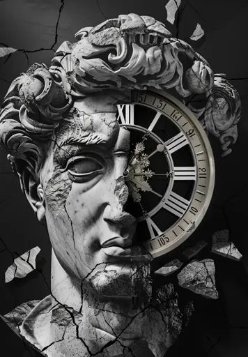 ↑↑↑ Larger size on website 🔸 The image shows a broken statue of a man's face with a clock face embedded in the side of it. The st 🔸 From Midjourney AI Image Broken Statue Face, Half Skeleton Face, Statue Tattoos, Dark Art Nouveau, Broken Clock, Statue Head, Greek Men, Skeleton Face, Statue Tattoo