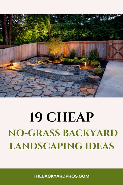 Transform your backyard into a lush oasis without breaking the bank! From DIY gravel pathways to recycled materials for garden borders, these affordable landscaping ideas will breathe new life into your outdoor space, minus the hassle of maintaining a traditional grass lawn. Small Backyard With No Grass Ideas, All Gravel Backyard Ideas, Dry Backyard Design, Low Cost Backyard Landscaping, Lawn Free Backyard, Large Backyard No Grass Ideas, Backyard Landscaping Without Grass Yards, Easy Cheap Backyard Landscaping, Small Backyard Ideas Pavers