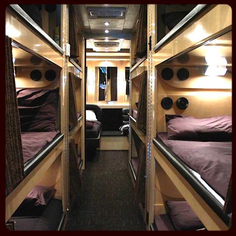 Tour bus bunks. Always take the top passenger side. Tour Bus Interior, Bus Interior, Bus Living, Bus Life, Tour Bus, Bus Camper, Bus Conversion, Luxury Camping, Bus Travel