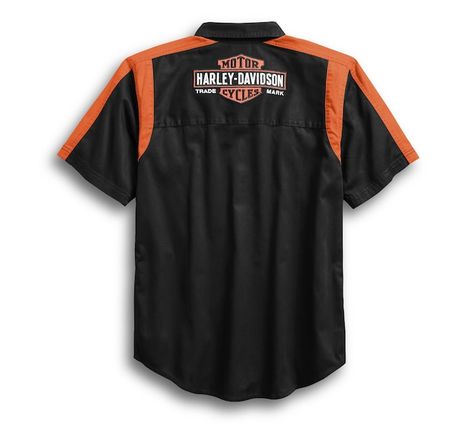 Men's Genuine Oil Can Colorblock Shirt - 99066-18VM | Harley-Davidson USA Harley Davidson Merchandise, Colorblock Shirt, Vintage Oil Cans, Uniform Design, Mens Short Sleeve Shirt, Can Design, Cotton Twill, Short Sleeve Shirt, Looks Great