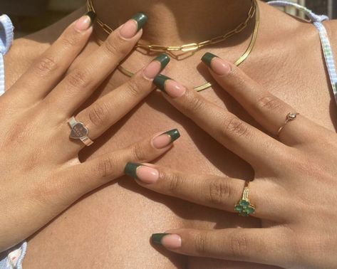 Green French Tip Coffin Acrylic Nails, Coffin Green French Tip Nails, Simple Green French Tip Nails, Coffin French Tip Color, Ballerina Green Nails, Ballerina Nails French Tip Color, Short Green French Tip Acrylic Nails, Green Coffin French Tip Nails, Army Green French Tip Nails