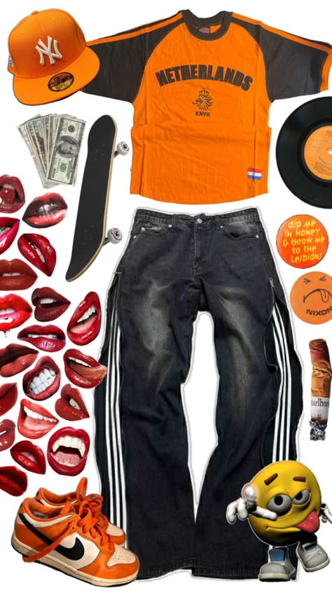 Orange Orange Y2k Outfit, Orange And Black Outfit, Orange Y2k, Orange Streetwear, 90’s Outfits, Orange Fits, Orange Outfit, Practice Outfits, Street Fashion Men Streetwear