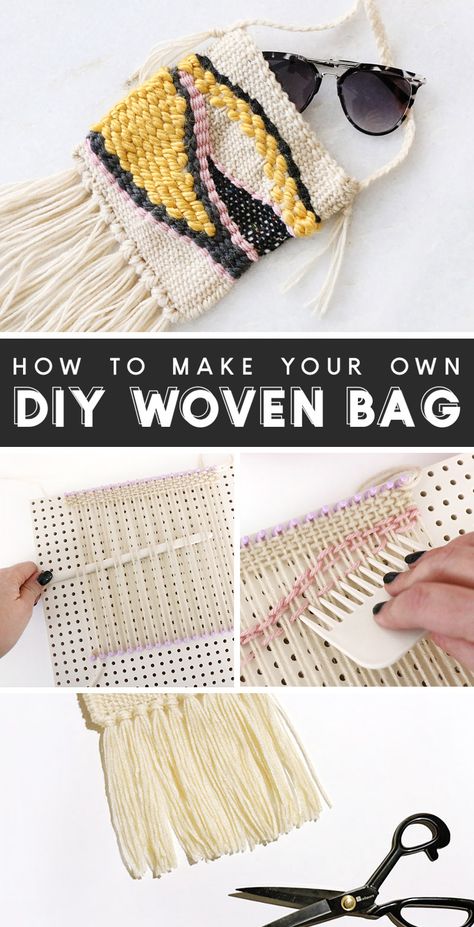 Learn how to weave a cute little bag! Step by step instructions to help you make your own. Diy Weaving Projects, Woven Wall Hangings, Weaving Loom Diy, Weaving Loom Projects, Weaving Tutorial, Diy Bags Purses, Diy Weaving, Diy And Crafts Sewing, Weaving Projects