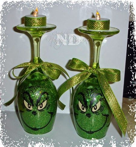 Christmas Wine Glass Candle Holder, Grinch Ideas, Grinch Crafts, Wine Glass Candle Holder, Grinch Decorations, Grinch Christmas Party, Christmas Wine Glasses, Whoville Christmas, Wine Glass Candle