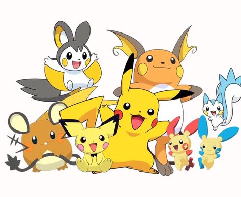 Pikachu family Pichu And Pikachu, Pokemon Group Photo, Pikachu And Friends, Pikachu Family, Pokemon Group Picture, Pikachu And Eevee Wallpaper, Pikachu Raichu, Pokemon Themed Party, Pikachu Wallpaper