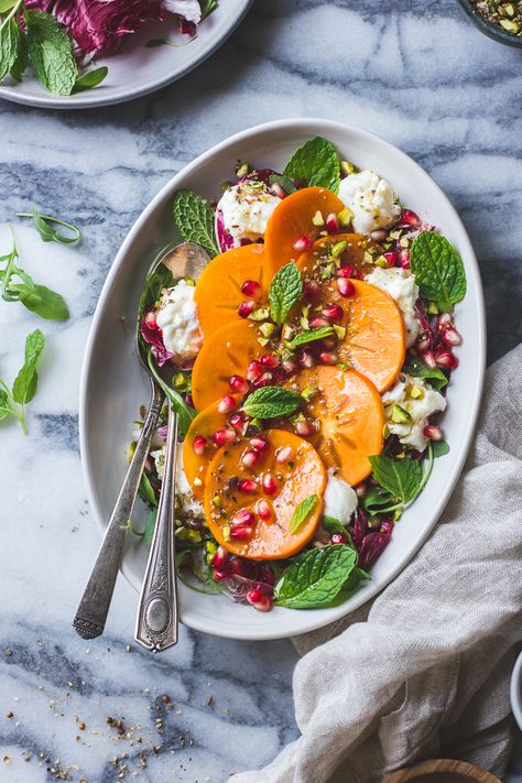 Beautiful fall salad persimmon pomegranate with burrata, pistachios Salad With Burrata, Persimmon Recipes, Bojon Gourmet, Pistachio Salad, Pomegranate Salad, Hot Dish, Autumn Salad, Savory Dishes, Fun Salads