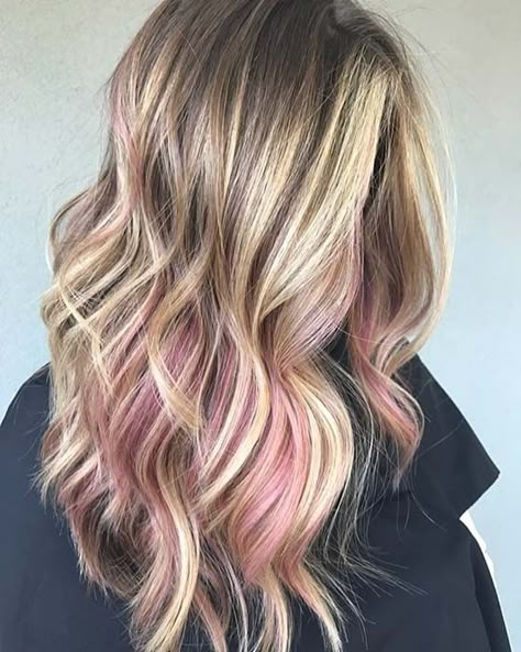 One Pink Highlight In Hair, Subtle Colorful Hair Blonde, Light Pink Lowlights In Blonde Hair, Brown Hair With Blonde And Pink, Pops Of Pink Hair, Ribbon Highlights Blondes, Blonde Highlights With Pink Peekaboo, Pink And Blonde Balayage, Pink Brown Blonde Hair