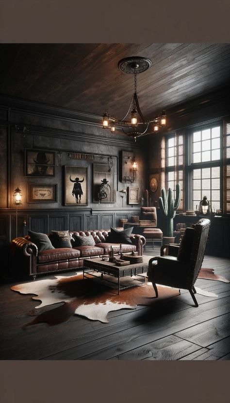 Western Dark and Moody Living Room Vintage Moody Aesthetic, Western Gothic Interior Design, Gothic Western Aesthetic, Dark Western Aesthetic, Mountain Bungalow, Dark Ceilings, Western Style Living Room, Moody Western, Dark And Moody Living Room