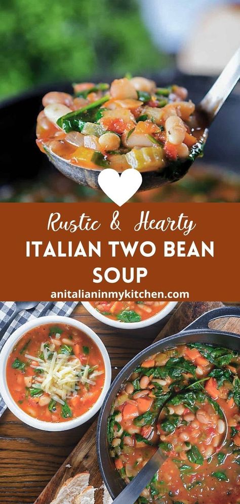 Savor the warmth and comfort of Italy with this delicious Italian Two Bean Soup. This rustic and hearty dish combines the warm flavors of two types of beans, herbs, and wholesome vegetables to create a bowl of pure comfort! Bean And Veggie Soup, Vegetable Bean Soup, Italian Bean Soup, Bean Soups, Mexican Entrees, Vegetable Soup Healthy, Creamy Potato Soup, Mexican Soup, Hearty Casseroles