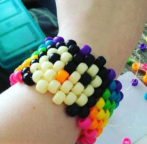 Multi Stitch Kandi Cuff, Rave Pictures, Rave Kandi Ideas, Kandi Inspiration, Kandi Cuff Patterns, Candy Beads, Kandi Inspo, Diy Kandi Bracelets, Pony Bead Bracelets