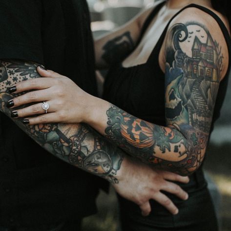 Tattooed couple engaged engagement goth gothic Tatted Couples, Tattoo Couples Photography, Tattoo Couple Photoshoot, Tattooed Engagement Photos, Tattooed Couples, Tattooed Couple, Tattoo Engagement Photos, Edgy Couple Photoshoot, Tattooed Couples Photography