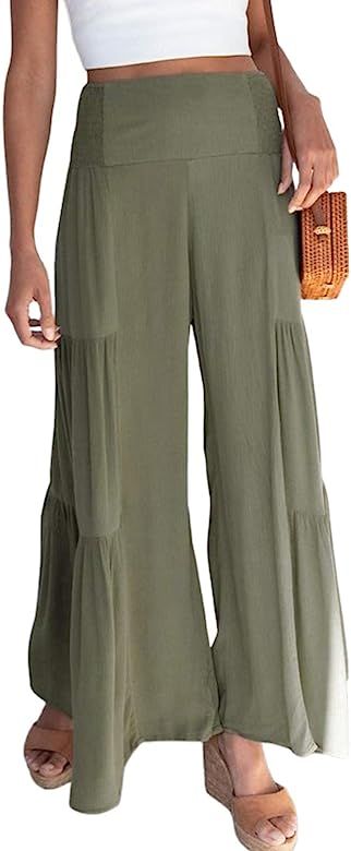 Eteviolet Boho Palazzo Pants for Women, Solid Tiered Wide Leg Flowy Pants Loose Fit (Green 1,XL) at Amazon Women’s Clothing store Flowy Summer Pants, Palazzo Pants Summer, Tiered Pants, High Waisted Palazzo Pants, Flowy Wide Leg Pants, Wide Leg Lounge Pants, Buy Clothes Online, Ruffles Fashion, Pants Summer