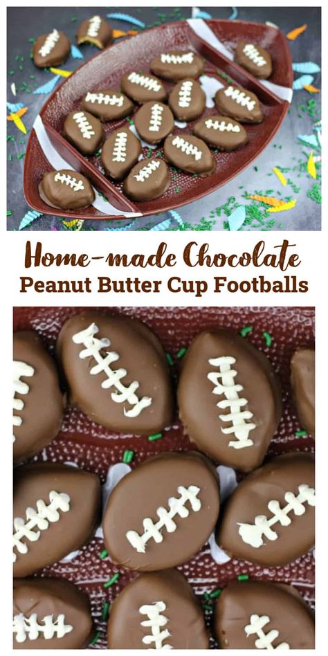 Home-made Chocolate Peanut Butter Cup Footballs! These footballs will be kicking it at your Superbowl Party! Reese's Peanut Butter Cup copy-cat recipe! Yum!!! #super bowl #reeses #peanut butter #football #chocolate #party Gameday Desserts, Inside Picnic, Brownie Bomb, Reese's Peanut Butter Cup, Chocolate Party, Chocolate Peanut Butter Cups, Super Bowl Party, Peanut Butter Cup, Reeses Peanut Butter Cups