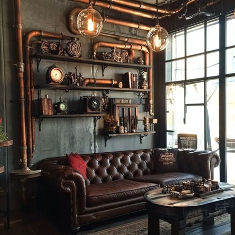 10 Steampunk Living Room Ideas: Vintage Furnishings and Unique Lighting for a Stunning Space | Florgeous Steampunk Lounge Room, Steampunk Living Room Ideas, Steampunk Living Room, Hampton Living Room Ideas, Coastal Modern Living Room, Living Room Ideas Vintage, Room Ideas Vintage, Steampunk Home, Hamptons Living Room