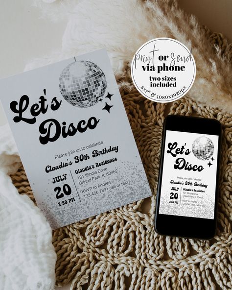 Disco Themed 60th Birthday Party, 70s Party Favors For Adults, Disco Party Invitations Templates, 40th Party Themes, 30th Disco Party, Birthday Party Disco Theme, 70s Party Invitations, Disco 30th Birthday Party, 70s Disco Birthday Party