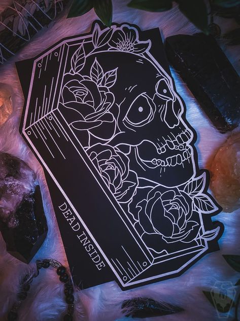 Goth Decor Diy, Wood Coffin, Goth Wall Art, Buisness Cards, Gothic Wall Art, Lino Art, Old School Tattoo Designs, Dark Artwork, Goth Home Decor