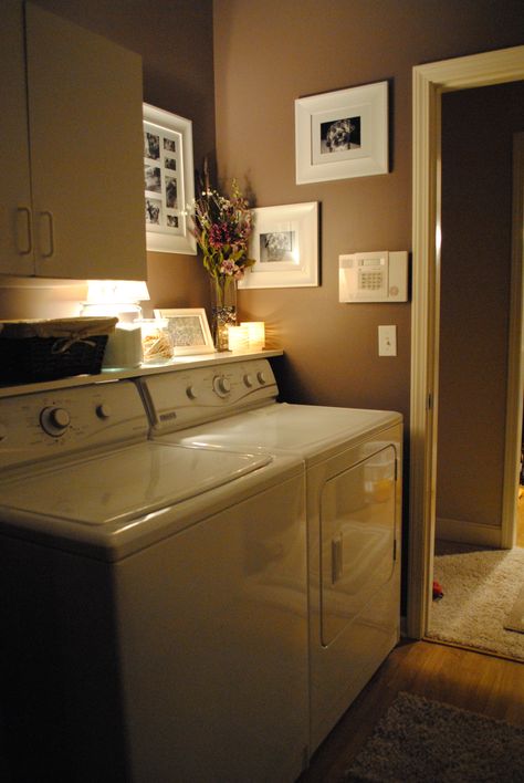 Saw this idea on Pinterest, so I went and added a shelf above our washer and dryer and added all of the other cuteness! Mud Rooms, Small Laundry, Laundry Room Storage, Laundry Mud Room, Laundry Room Makeover, Room Storage, Storage Diy, Laundry In Bathroom, Laundry Rooms