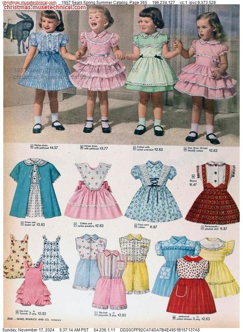 1957 Sears Spring Summer Catalog, Page 365 - Catalogs & Wishbooks Vintage Kidswear, Vintage Girls Clothes, Vintage Baby Dresses, Vintage Childrens Clothing, Vintage Kids Clothes, Vintage Girls Dresses, Aria Montgomery