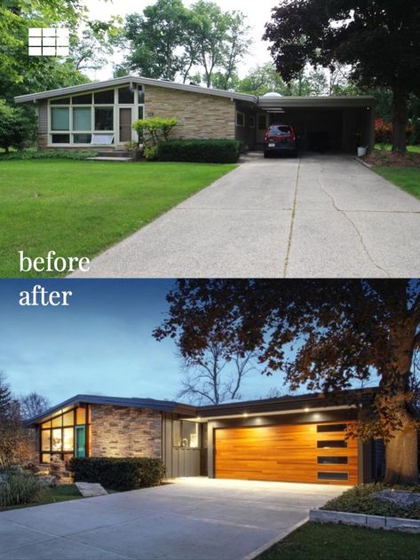 We love seeing how architects incorporate Planks into their beautiful designs. Tap to explore the Tannenbaum Renovation by Racinowski Design Studio, a project recently featured in Mid-Century Home Magazine. Providing the texture and dimension of wood, but the modern convenience of steel construction, Planks in Cedar Accents proved to be a perfect match for Justin’s vision. Vertically-stacked windows on the garage door establish asymmetry, appealing even more to a retro, mid-century aesthetic. Mid Century Garage, Mid Century Modern Front Door, Modern Garage Door, Mid Century Modern House Exterior, Mid Century Renovation, Exterior House Siding, Ranch House Remodel, Mid Century Modern Exterior, Wood Garage