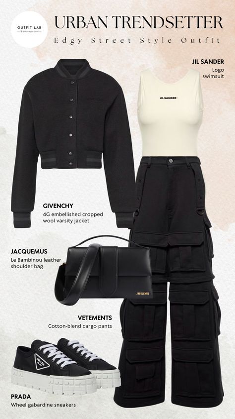 Edgy Street Style Outfit set  with Jil Sander swimsuit, Vetements	pants, Jacquemus bag, Prada sneakers and Givenchy jacket Vetements Pants, High End Streetwear, Edgy Street Style, Givenchy Jacket, Prada Sneakers, Jacquemus Bag, Fashion Shoes Heels, Street Style Edgy, Fashion Designing