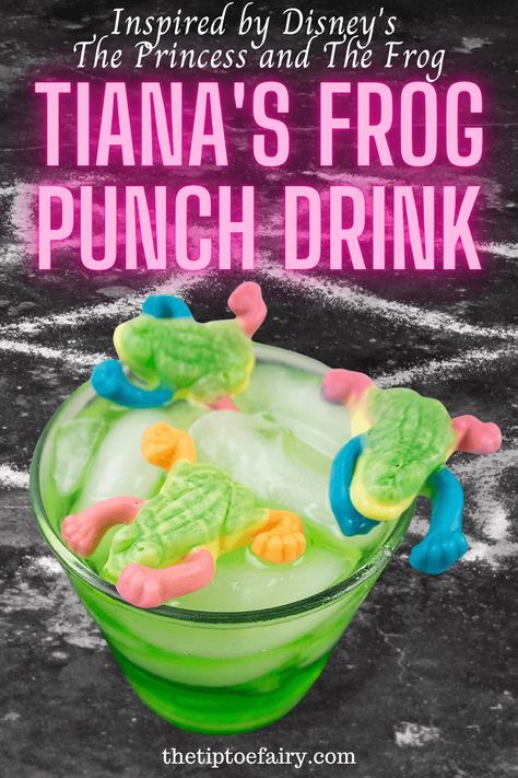 Kid Mocktail, Disney Themed Drinks, Princess Drinks, Frog Food, Disney Movie Night Food, Punch Drink, Disney Cocktails, Disney Movie Night Dinner, Movie Night Dinner