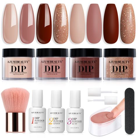 PRICES MAY VARY. 🎁【What U Get】 AZUREBEAUTY 12 PCS gentle all-in-1 dip powder nail starter kit—4*10g color powder( nude brown, skin tone, burgundy and light brown glitter), 3*10ml liquid set(base coat/activator/topcoat), 2*liquid brush replacement, 1*nail brush,1*nail file, 1*dip powder recycling system. ⏱【Superior Quality & Long Lasting】AZUREBEAUTY dip powder nail kit is long-lasting and anti-chipping, anti-peel off. The color is full and natural-looking, light, and has an impeccable shine fini Azurebeauty Dip Powder, Winter Skin Tone, Dip Manicure, Glitter Champagne, Salon Gifts, French Nail Art, Manicure Diy, French Nail, Nail Powder