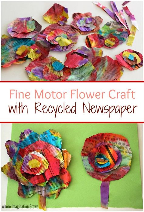 Recycled newspaper flower craft for kids! A colorful fine motor craft for preschoolers using recycled materials! Newspaper Flowers, Recycling For Kids, Craft For Preschoolers, Recycled Newspaper, Recycle Newspaper, Recycled Crafts Kids, Recycled Art Projects, Newspaper Art, Easy Art Projects