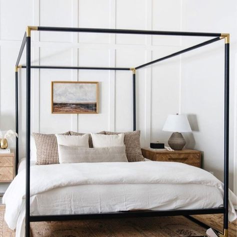 Modern Simple Guest Bedroom, Black Canopy Bed, Colourful Homes, Canopy Bedroom, Brown Bedroom, Poster Bed, Canopy Bed, Bedroom Refresh, Humble Abode