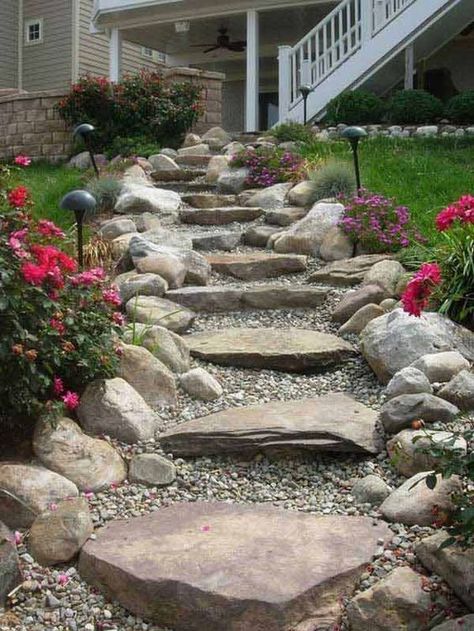 7 Alluring Paths for Slopes - Page 4 of 8 - Bless My Weeds Maine Garden, Backyard Walkway, Walkway Landscaping, Sloped Yard, Garden Pathways, Rock Walls, Walkways Paths, Sloped Backyard, Garden Stairs