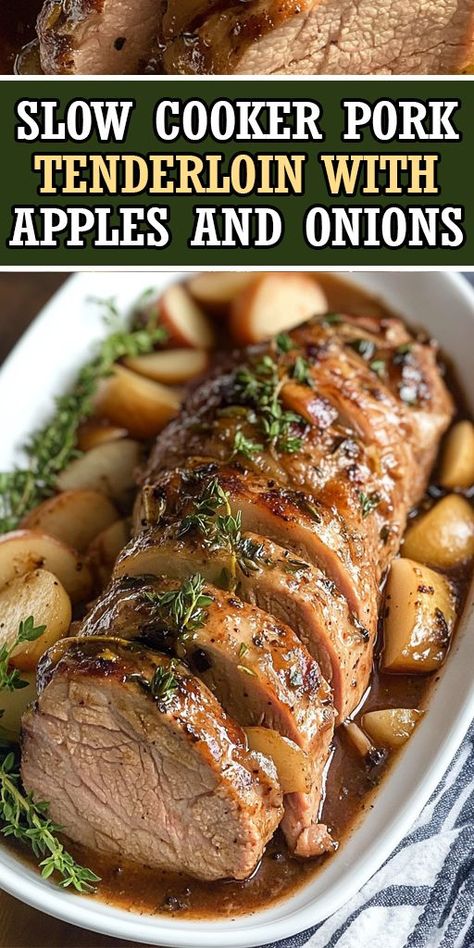 This Slow Cooker Pork Tenderloin with Apples and Onions is the ultimate comfort food. Tender, juicy pork combined with sweet apples and savory onions creates a mouthwatering dish that’s perfect for busy weeknights or special occasions. 🔥 Try it today and elevate your dinner game with this simple yet flavorful dish. Don't forget to save this recipe for later and share with friends! 🥘👇 #SlowCookerRecipe #PorkTenderloin #EasyDinner #FallRecipes #ComfortFood #SlowCookerMeals Crockpot Pork Tenderloin And Apples, Slow Cooker Pork With Apples, Apple And Onion Pork Tenderloin, Pork Apple Crockpot, Pork Roast And Veggies Crock Pot Recipes, Crockpot Pork Loin With Apples, Crock Pot Pork Loin And Potatoes, Pork Recipes In Crockpot, Crockpot Pork And Apples Crock Pot