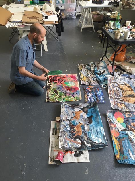 The artist Mark Hearld at work in his studio, 2018 Mark Hearld Art, Mark Herald, British Woodland, Ripon Cathedral, Emily Sutton, Mark Hearld, Nature Collage, Exhibition Art, Glasgow School Of Art