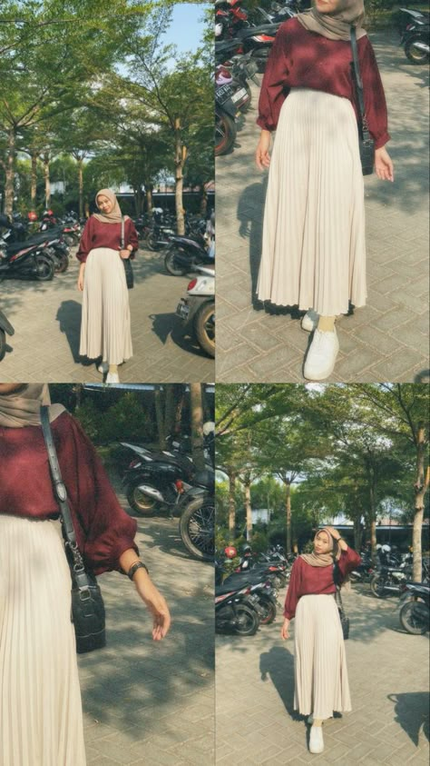 Outfit Hijab Casual Rok, Hijab Topi, Outfit Rok, Model Photoshoot Poses, Ootd Ngampus, Outfit Ideas Dressy, Maroon Outfit, Topi Baseball, Hijab Simple