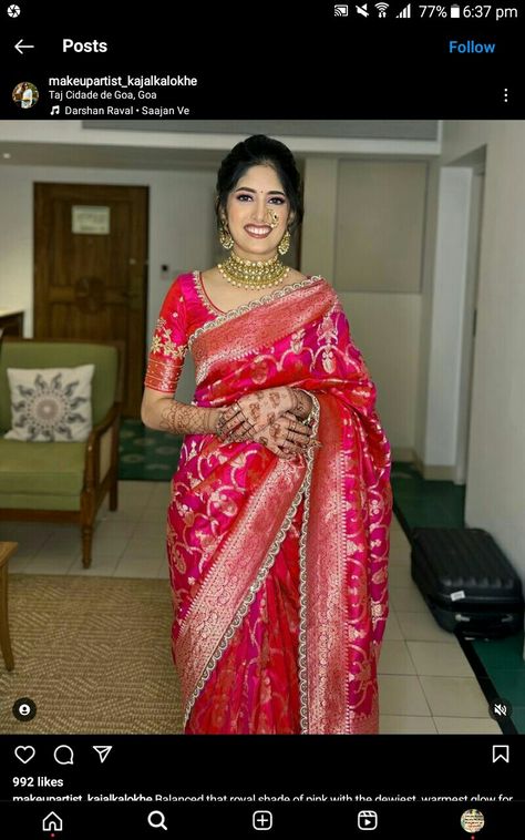 Rani Pink Banarasi Saree, Banarsi Saree Blouse Design, Banarasi Saree Look For Wedding, Saree Look For Wedding, Study Format, Case Study Format, Engagement Looks, Saree Inspiration, Engagement Saree