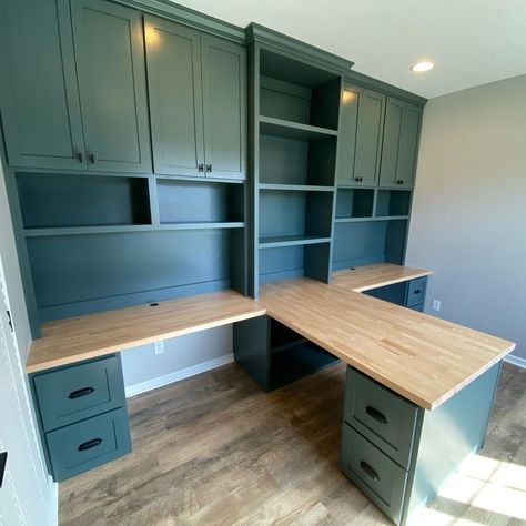 T Desk Office, Built In Office 2 Desk And Cabinets, 3 Built In Desks, Painted Office Cabinets Built Ins, Home Office T Shaped Desk, T Desk For Two, Built In Sewing Desk, T Shaped Office Desk For Two, Office Peninsula Desk