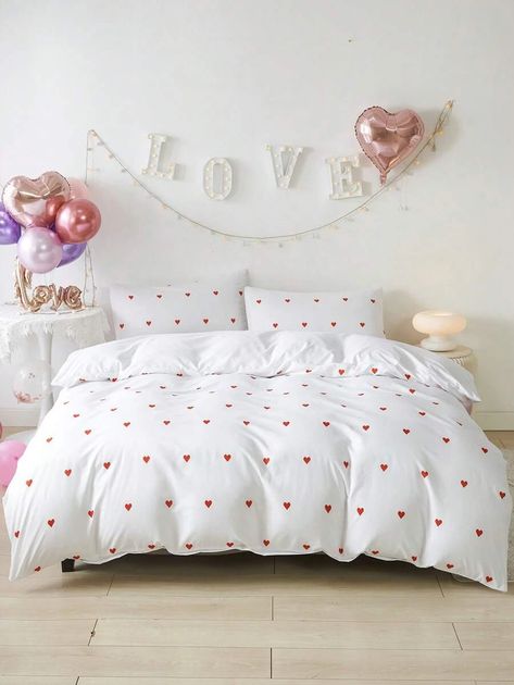 Heart Pattern Duvet Cover Set Without Filler | SHEIN USA Green And White Bedroom, Printed Bedsheets, Cottagecore Living, White Apartment, Floral Bedding Sets, Cute Bedding, Pattern Duvet Cover, White Comforter, Red Bedding