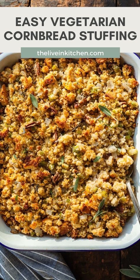 This vegetarian cornbread stuffing is the best side dish to have at Thanksgiving! Easy to make vegan and gluten-free, this savory recipe will easily become one of your favorites.