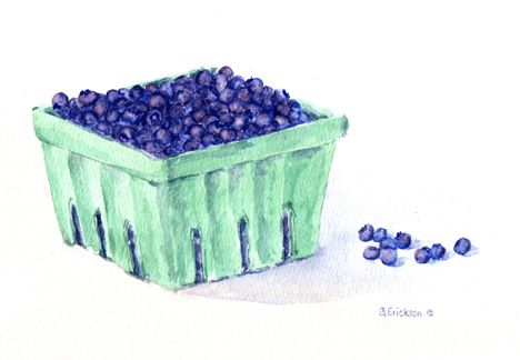 Blueberries in a basket Farmers Market Art, Blueberry Basket, Drink Doodles, Market Art, Cottagecore Art, Watercolor Artist, Paint Ideas, Blueberries, Art Board