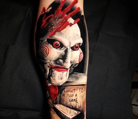 Billy Saw Tattoo, Jigsaw Tattoo, Puzzle Tattoo, Billy The Puppet, All Seeing Eye Tattoo, Dna Tattoo, Horror Movie Tattoos, Der Joker, Clown Tattoo